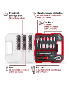Купить Набор бит и головок Einhell битодержатель, ключ реверсивный, l-case, 37 предметов 109022  в E-mobi